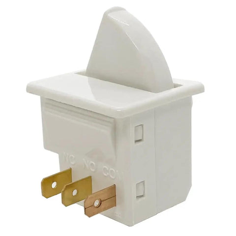 Two Pack 3 Pin Refrigerator Door Light Switches, Momentary Fridge Switches With Brass Contacts, 125V/250V AC, 2.5A At 250V Or 6A At 125V, Includes NC And NO Contacts, Easy Replacement For Fridges. White 3-pin fridge door light switch with brass contacts