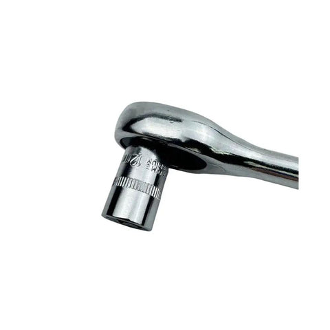 Close-up of ratchet spanner with socket from Twelve Piece Wrench Socket Set With One Quarter Inch, Three Eighths Inch, And Half Inch Sockets