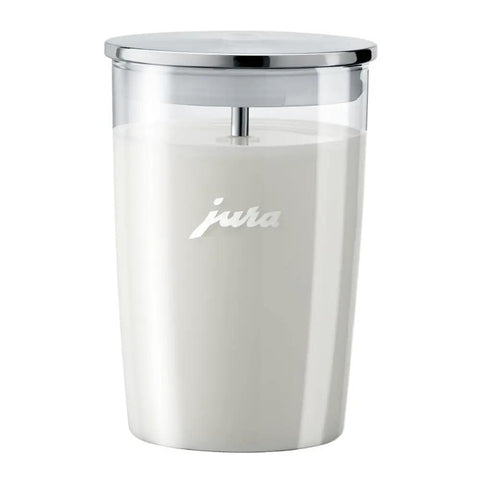 Top Tier Automatic Espresso Machine Bundle In Piano White With Glass Milk Container And Clearyl Smart Filter Cartridge, clear glass milk container.