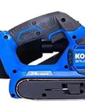 24 Volt Max Brushless Cordless Belt Sander With 3 Inch By 18 Inch Belt, 1000 FPM shown with blue casing and adjustable handle.