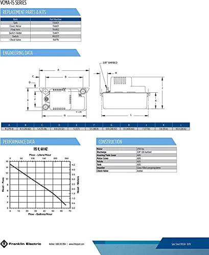 Little Giant VCMA-15UL condensate pump front view schematic; 115V, 65 GPH, 1/50 HP, black/white, 6-ft cord