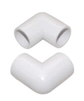 Two white One Half Inch PVC Elbow Fitting 90 Degree Furniture Grade Two Way Right Angle Side Outlet connectors for DIY projects