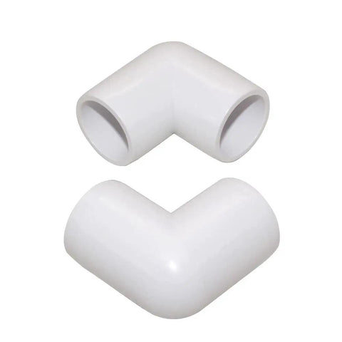 Two white One Half Inch PVC Elbow Fitting 90 Degree Furniture Grade Two Way Right Angle Side Outlet connectors for DIY projects