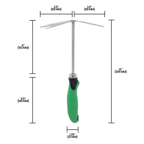 Shrub Rake Hoe Fork Combo Stainless Steel 12-Inch Garden Tool For Weeding And Landscaping, visible with measurement details