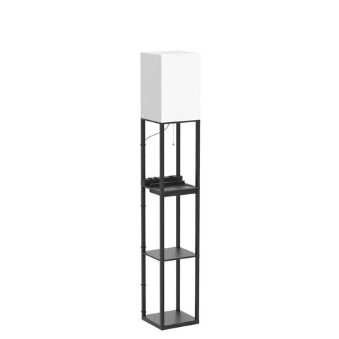 Three Tier Floor Lamp With Shelves For Living Room Black Finish With 11W LED Bulb And Dual USB Ports Plus A Power Outlet