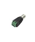 Rugged Female BNC To AV Two Screw Terminal Connectors For CCTV Cameras And Coaxial Video Baluns Green Hassle Free Wire Rigs Slick Setup 10 Pack close-up showing black plastic adapter with green terminal.