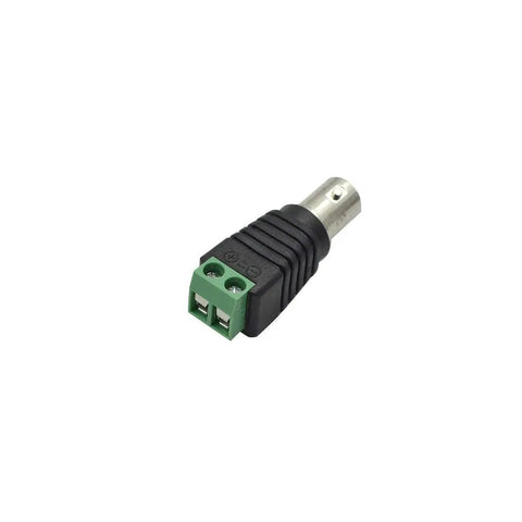 Rugged Female BNC To AV Two Screw Terminal Connectors For CCTV Cameras And Coaxial Video Baluns Green Hassle Free Wire Rigs Slick Setup 10 Pack close-up showing black plastic adapter with green terminal.