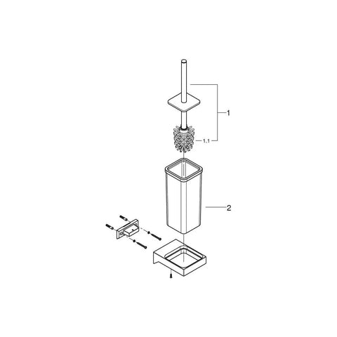 Exploded view of Selection Cube Toilet Brush Set in Starlight Chrome for wall-mounted look with durable glass and metal construction.