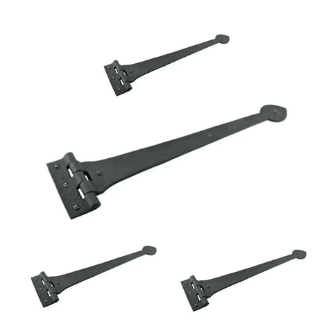 Wrought Iron Heart Style Strap Hinges 18 Inch Heavy Duty Pack Of 4 with hardware, black powder-coated, for cabinets and gates.