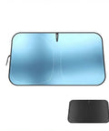 Premium Foldable Front Windshield Sunshade For Tesla Cybertruck And Cyberbeast, front view, blue reflective material, thermal protector.