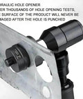Electric Hydraulic Hole Punch Kit With Six Dies 22 To 60mm, showcasing punch tool in action on metal sheet, close-up view