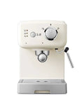 Front view of beige fully automatic coffee machine with built-in grinder and milk frother, auto and semi-auto modes for home use.