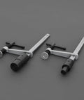 Two Quick Acting Desktop Hold Down Clamps For Woodworking Benches And Tables, suitable for 16mm and 28mm holes, side view.