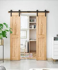 Installed Black Carbon Steel Barn Door Hardware Kit With 6 To 16 Ft Sliding Track And Rollers For Double Doors I Shaped Design