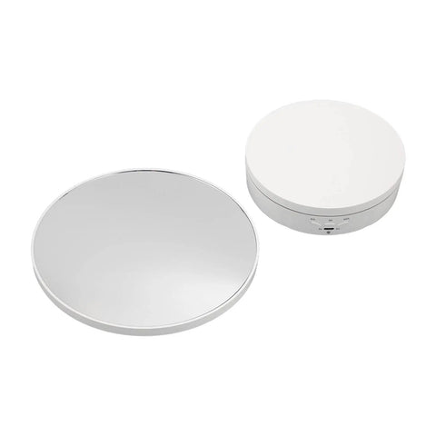 Hot 360 Degree Rotating Display Stand With Electric Motorized Turntable And USB Cable For Perfect Plastic Glass Showcase Of Jewelry Watches And Cakes In Crisp White, showing both white and mirror finish bases.