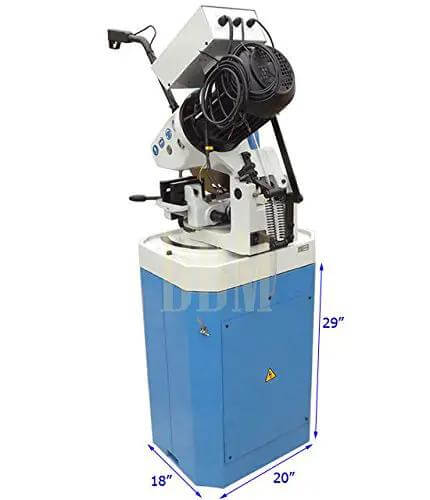 Badass 3 Phase Cold Saw With 14 Inch Blade And Massive Heavy Duty Stand For Chopping Through Steel And Iron Includes Swivel Base Vise Auto Retracting Guard 1.5 HP Motor Knocks Out Ferrous Work Fast High Low Speeds, showing machine height 29 inches, width 20 inches.