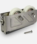 Heavy Duty Sliding Door And Window Rollers With Heavy Hauler Nylon Wheels Four Piece Set Double Wheel Silent Glide Stainless Steel Track Hardware For No Fuss Fixes, close-up of nylon wheels and stainless steel housing