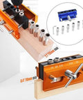 Adjustable Doweling Jig Kit For Straight Holes With Six Drill Guide Bushings displayed in use on wood with accessories