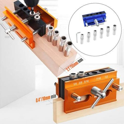 Adjustable Doweling Jig Kit For Straight Holes With Six Drill Guide Bushings displayed in use on wood with accessories