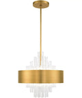 Absolute Flex Eight Light Natural Brass Pendant Chandelier With Sculpted Drum Shade And Dazzling Clear Crystal Rods For Upscale Living Areas That Turn Heads On A Dime hanging from ceiling with clear rods below.