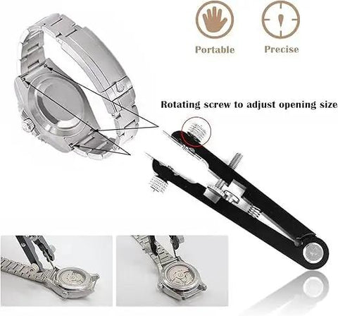 All-In-One Watch Spring Bar Removal Tool Set With Pliers And V Type Pins, showing use on stainless steel watch for repairs.