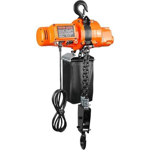 Front view of orange VEVOR electric chain hoist with 2200 lb capacity, chain and hook