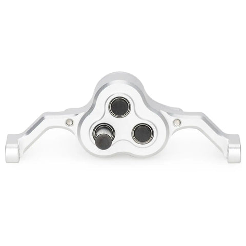 Front view of Underdrive 30 Percent Aluminum Transfer Case Gearbox For One Tenth RC Crawler Cheater Rigs With 70mm Width And Three Shaft Options Normal Reverse Underdrive 30 Percent For LCG Chassis DIY Upgrade Parts Silver showing its three shaft design in silver.