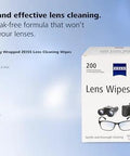 ZEISS Pre-Moistened Lens Cleaning Wipes, 200-count, front view box with ZEISS logo