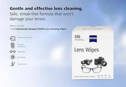 ZEISS Pre-Moistened Lens Cleaning Wipes, 200-count, front view box with ZEISS logo