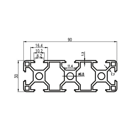 Premium Slick 3090 Aluminum Extrusion Profile 4 Pack 43.31 Inch detailed technical drawing with dimensions for CNC rig builds.
