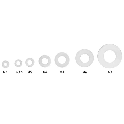 Grab And Go Nylon Washer Kit 350 Piece Flat Washer Set With Storage Box White Plastic Assortment For Fasteners Insulation Friction Reduction And Leak Prevention In 7 Sizes, M2 to M8 nylon washers