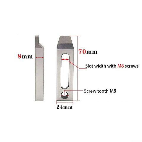 Diagram of Stainless Steel Jig Holder And Clamp Tool For CNC Wire EDM Machines showing M8 screw compatibility and dimensions.