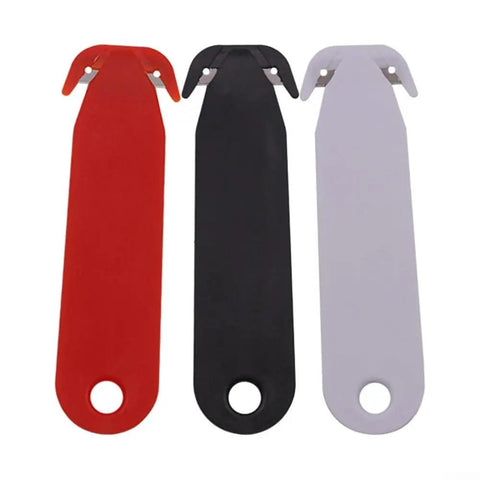 Three lightweight double edged utility cutters with stainless steel blade housing, red, black, and white ergonomic grip design.