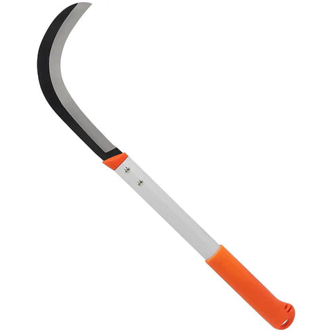 Heavy Duty Brush Clearing Sickle With 9 Inch Carbon Steel Blade And 14.5 Inch Aluminum Handle, Long Reach, Orange Grip