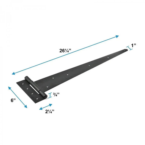 Badass Black T Strap Hinges Heavy Duty Iron For Barn Doors 26 1/4 inch long iron hinge with rugged design and mounting holes.