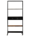 Front view of Industrial Style Mango Wood Book Cabinet With Four Shelves And One Drawer on wheels.