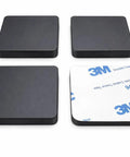 Four 1.5-inch square silicone rubber stick on feet bumpers, three sixteenths inch thick adhesive pads for tables speakers and consoles.