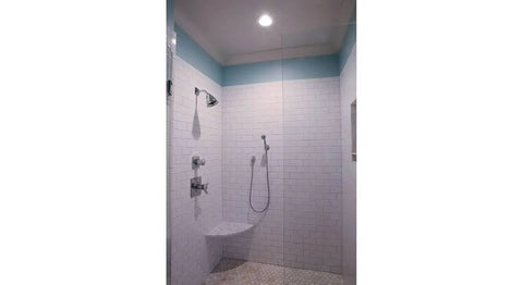 Shower showcasing 70PS Recessed Light Trim With Frosted Albalite Lens White 6 Inch Air-Tite Listed And Wet Rated for shower use.