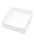 White Ceramic Square Vessel Bathroom Sink with smooth finish and central drain hole, ideal for contemporary bathrooms.