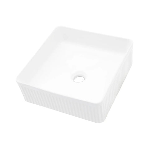 White Ceramic Square Vessel Bathroom Sink with smooth finish and central drain hole, ideal for contemporary bathrooms.