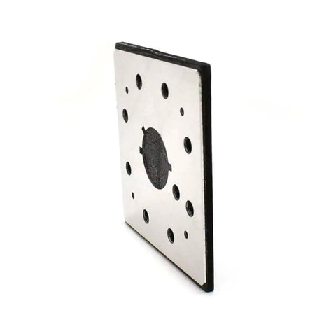 Premium One Quarter Sheet Adhesive Square Sanding Pads With Eight Vacuum Holes For Dewalt And Black Decker Orbitals side view showing dust holes and black base.
