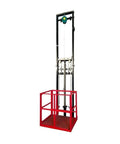 Compact Electric Lift Table With Guide Rail For Warehouse Or Basement, red metal platform with lifting mechanism for heavy loads.