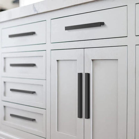 10 Pack Matte Black L Shaped Cabinet Pulls 7.48 Inch Overall Length 6.3 Inch Center To Center installed on white cabinets