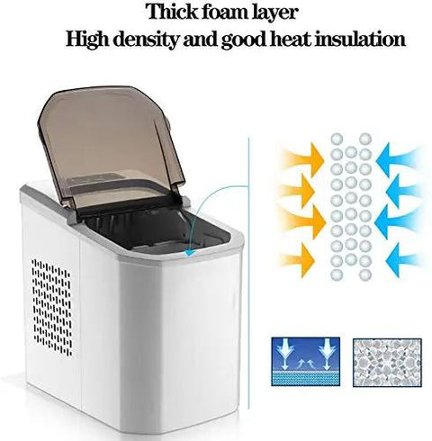 Hassle Free Portable Electric Countertop Ice Maker Drops Twenty Six Pounds Of Crisp Cubes Fast With Ultra Quiet Operation And Clear Sight Window For Home Bars And Offices showing thick foam insulation.
