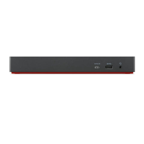 Heavy Duty Thunderbolt 4 Notebook Docking Station With 230 Watt Power Delivery And Matte Black Finish For Work Laptops side view showing ports and sleek design.