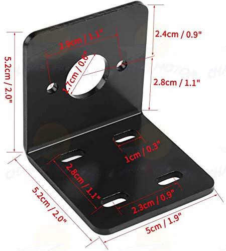 Black metal L-shaped motor mounting bracket for Micro 775 DC motors; angled front view with multiple mounting holes.