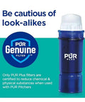 PUR Plus water filter for pitchers, blue housing with white cap, front view