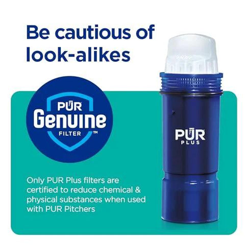 PUR Plus water filter for pitchers, blue housing with white cap, front view