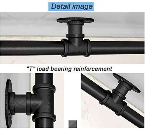 Detail view of T load bearing reinforcement on Sleek Matte Black Pipe Handrail With Vintage Industrial Wrought Iron Design.