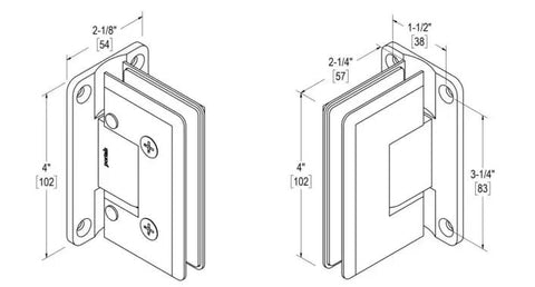 Technical drawing of Heavy Duty Adjustable 90 Degree Wall Glass Hinge for 3/8 to 1/2 inch doors up to 36 inches wide